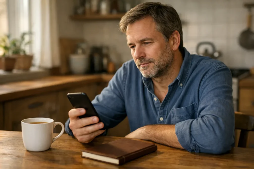 Person am Küchentisch, die auf ein Telefon schaut.