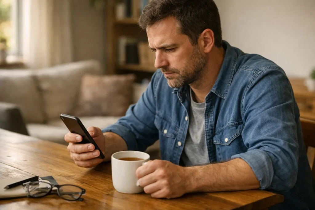 Person betrachtet zu Hause am Esstisch ein Smartphone.