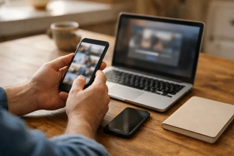 Person prüft ein neues Handy, während ein altes Handy und ein Laptop auf dem Tisch liegen.