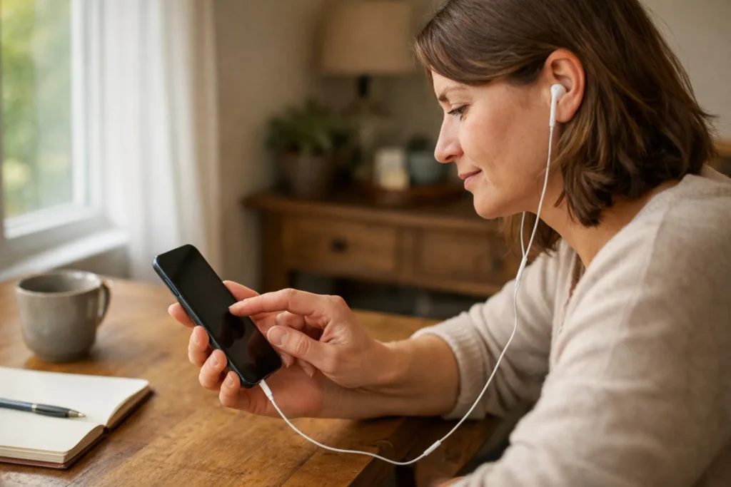 Person hört mit Kopfhörern ein Video auf dem Smartphone, um den richtigen Soundausschnitt auszuwählen.