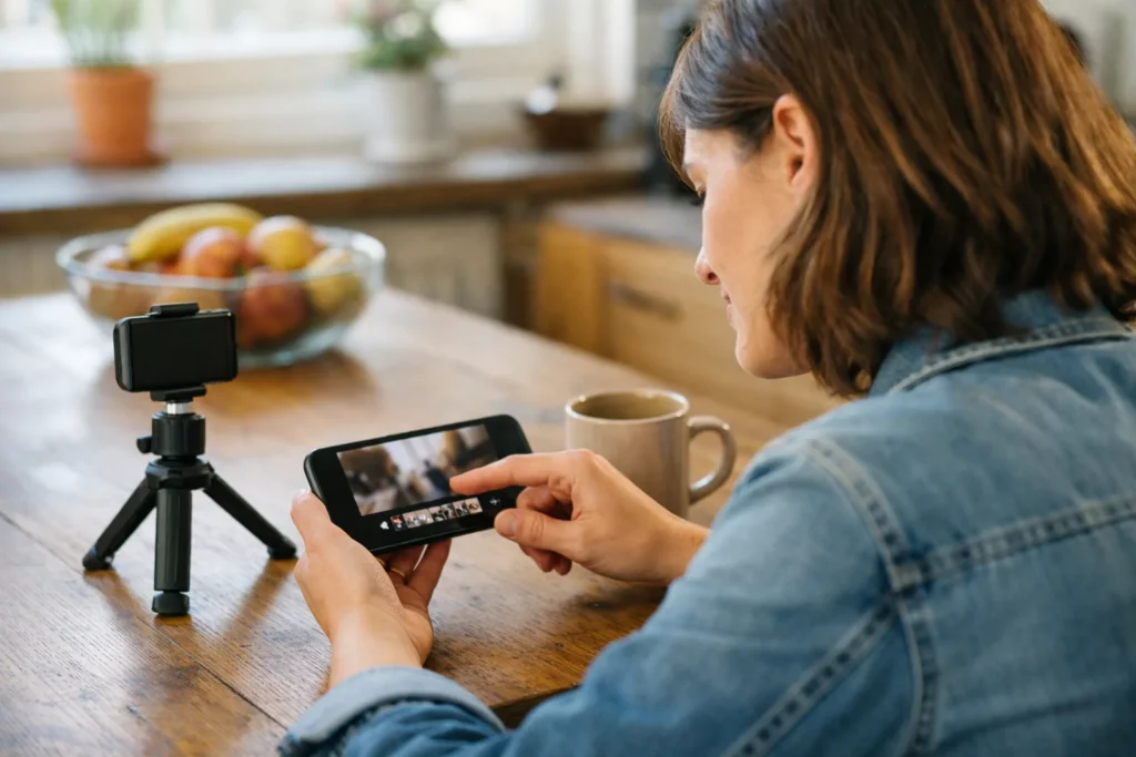 Person betrachtet am Küchentisch ein Video auf dem Smartphone, um es zu kürzen.