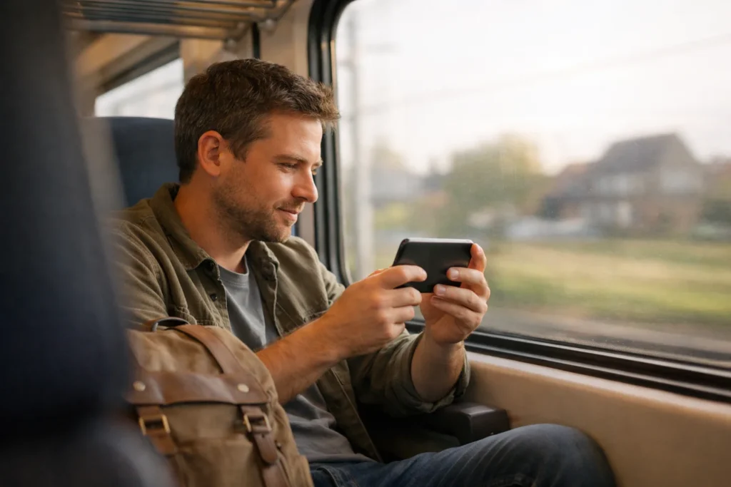 Reisender sieht sich ohne Kopfhörer ein Video auf einem Telefon im Zug an.