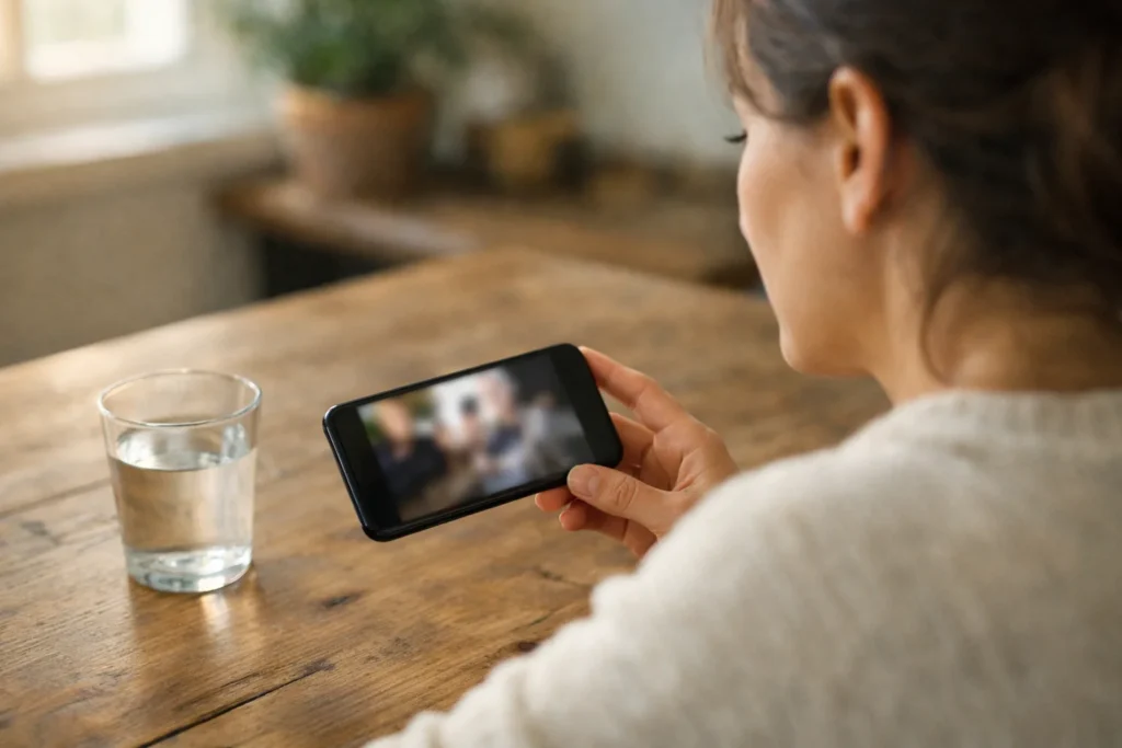 Jemand sieht sich an einem hölzernen Küchentisch ein Video auf einem Smartphone an.