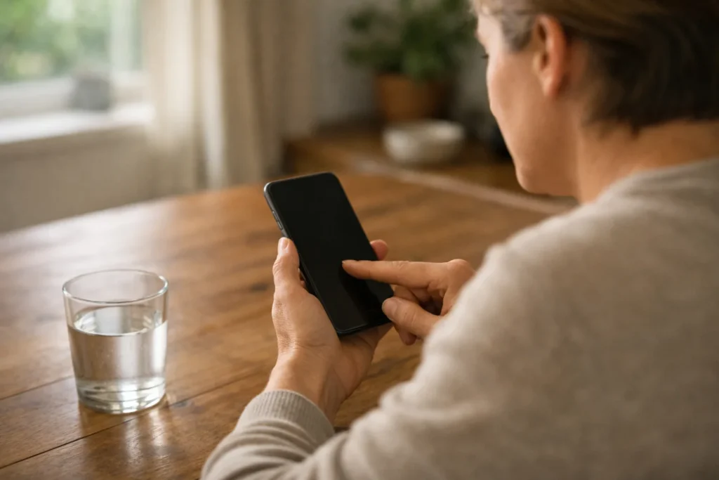 Jemand betrachtet zu Hause ein Smartphone, um Kommentare bei einem Beitrag zu verwalten.