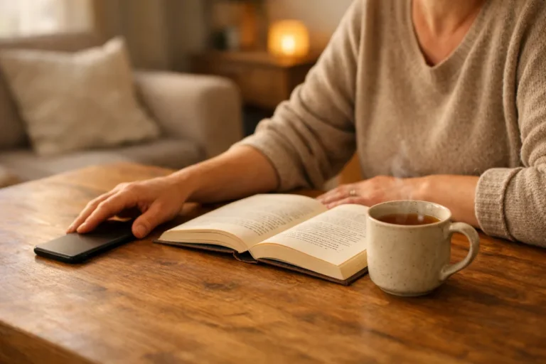 Person legt ein Telefon mit dem Bildschirm nach unten neben ein aufgeschlagenes Buch auf den Tisch.