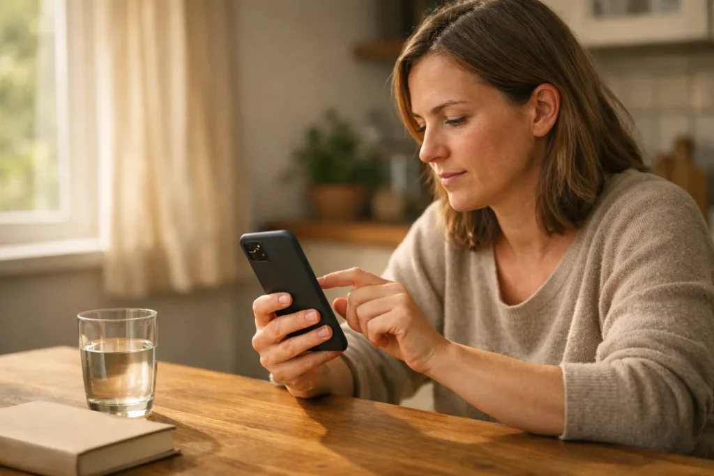 Person betrachtet zu Hause ein Smartphone, um Benachrichtigungen anzupassen.
