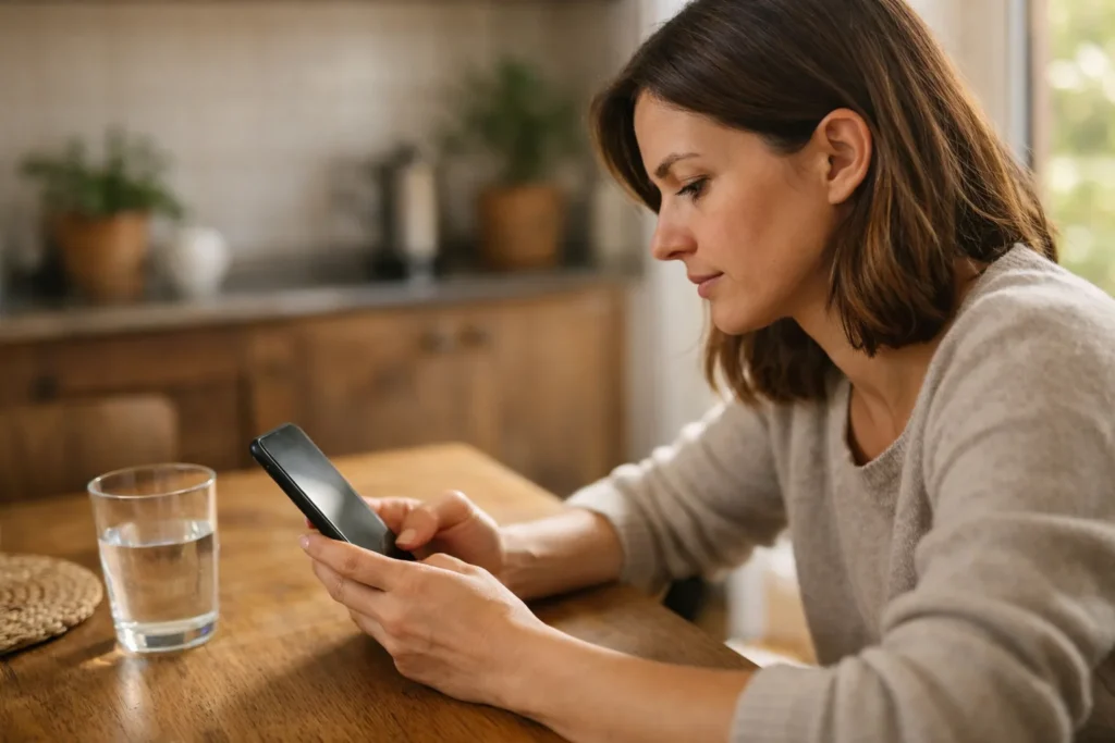 Person am Küchentisch überprüft eine Datenschutzeinstellung auf dem Smartphone