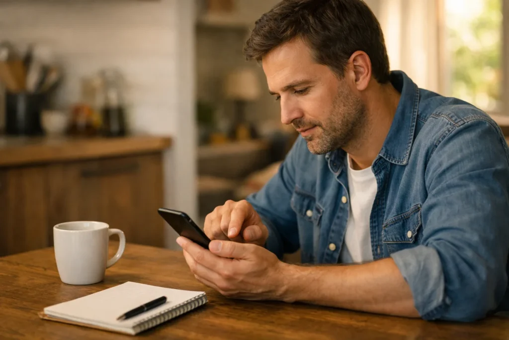 Person am Küchentisch, die aufmerksam eine Auswahl auf einem Smartphone prüft.