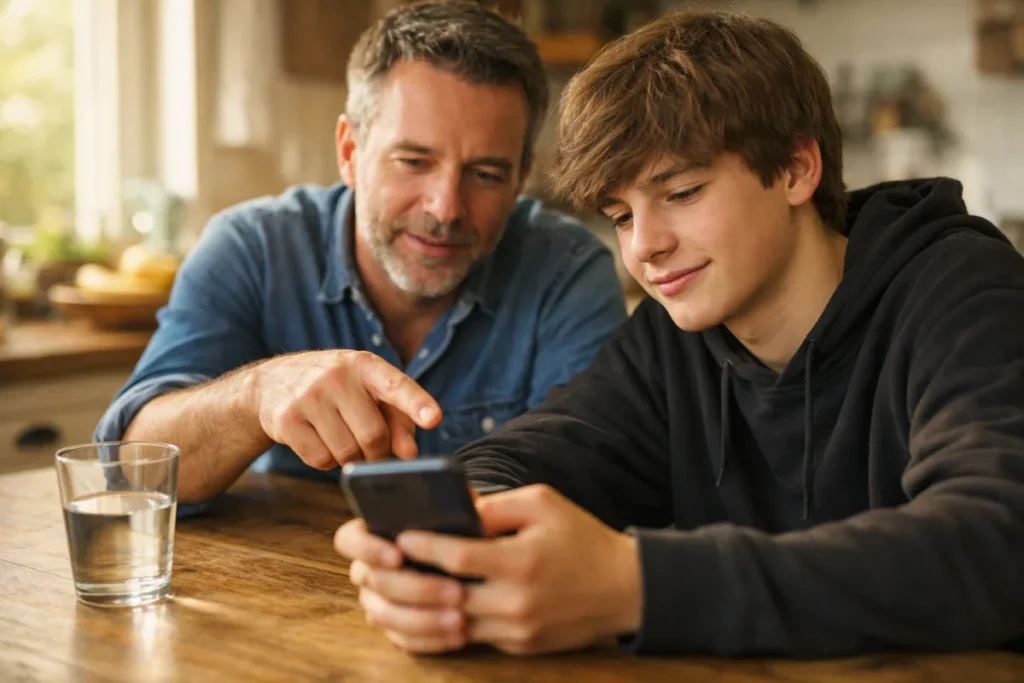 Elternteil und Teenager sehen sich gemeinsam Einstellungen auf einem Smartphone am Küchentisch an.