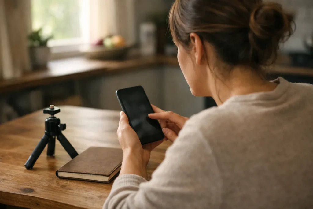 Person betrachtet am Küchentisch ein Smartphone, um Einstellungen zum Teilen von Videos anzupassen.