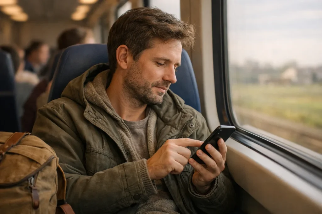 Eine reisende Person verringert die Lautstärke eines Smartphones im Zug.