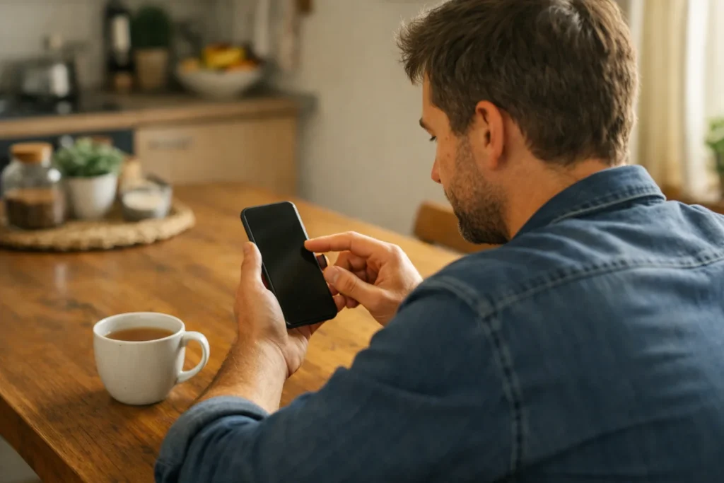 Eine Person am Küchentisch passt den Ton eines Smartphones an.