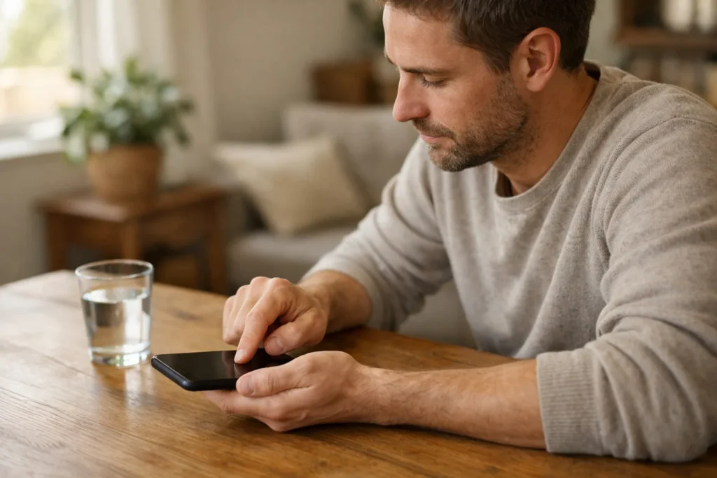 Eine Person passt zu Hause am Esstisch die Benachrichtigungseinstellungen auf einem Telefon an.