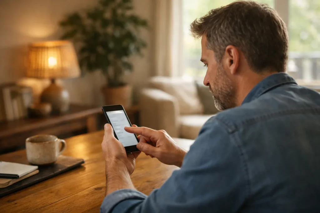 Person prüft zu Hause die Einstellungen auf einem Smartphone.