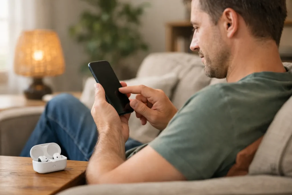 Person auf einem Sofa, die die Lautstärke eines Telefons anpasst, mit Kopfhörern auf dem Tisch