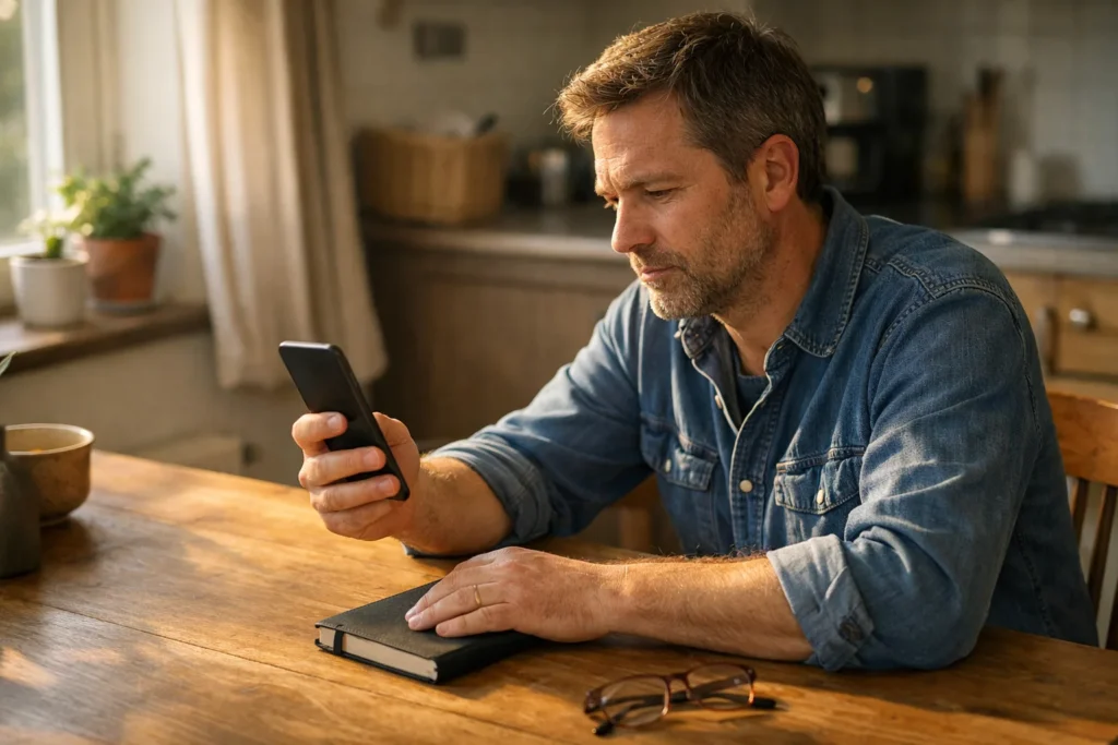 Eine Person betrachtet ein Smartphone am Küchentisch.