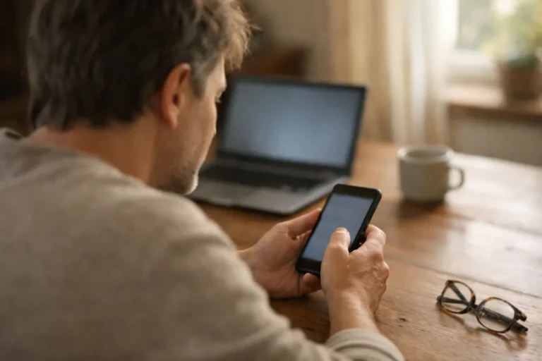 Person, die zu Hause auf einem Smartphone Einstellungen prüft, mit einem Laptop auf dem Tisch.