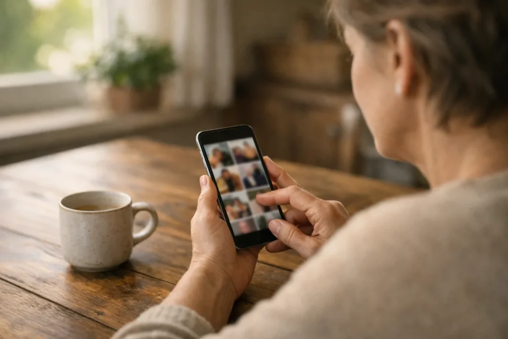 Person betrachtet am Küchentisch ein Smartphone, um ein altes Instagram Foto wiederzufinden.