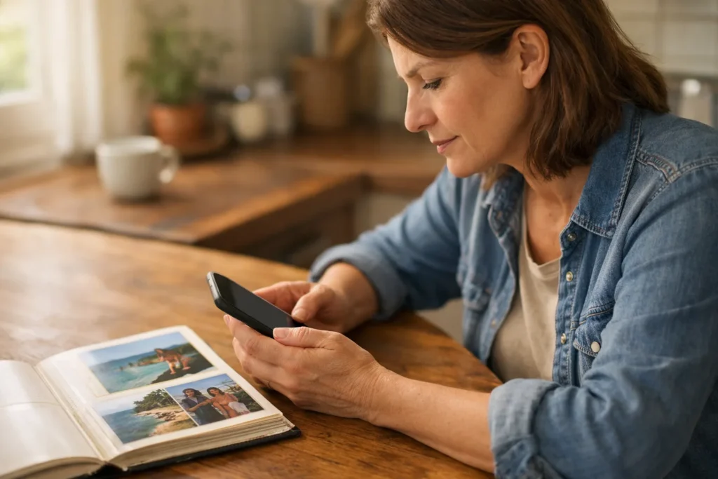 Person sucht am Küchentisch auf einem Smartphone nach einem alten Facebook Beitrag.