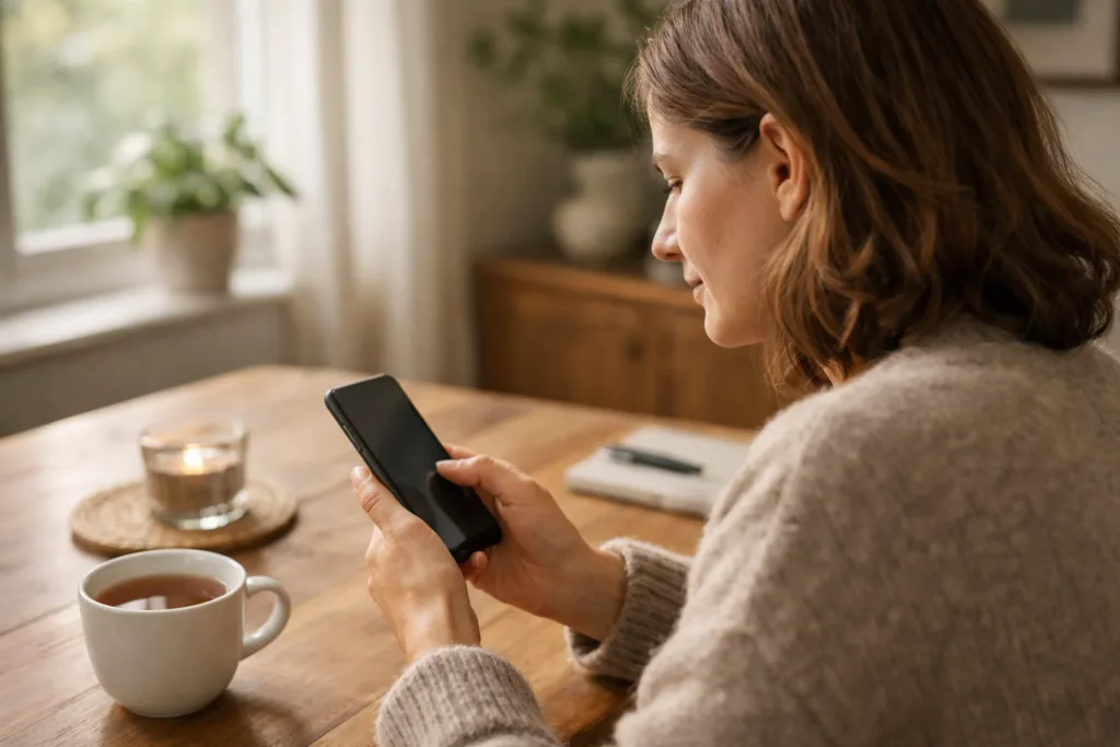 Person betrachtet am Esstisch ein Smartphone, um eine Profilverknüpfung zu verwalten.