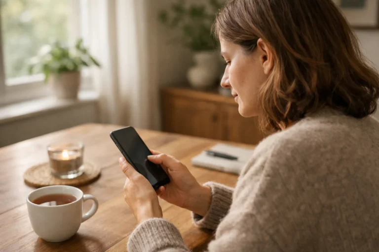 Person betrachtet am Esstisch ein Smartphone, um eine Profilverknüpfung zu verwalten.