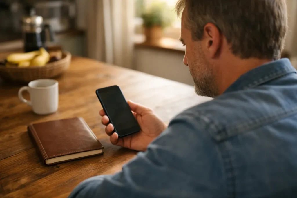 Person an einem hölzernen Küchentisch, die ein Smartphone verwendet