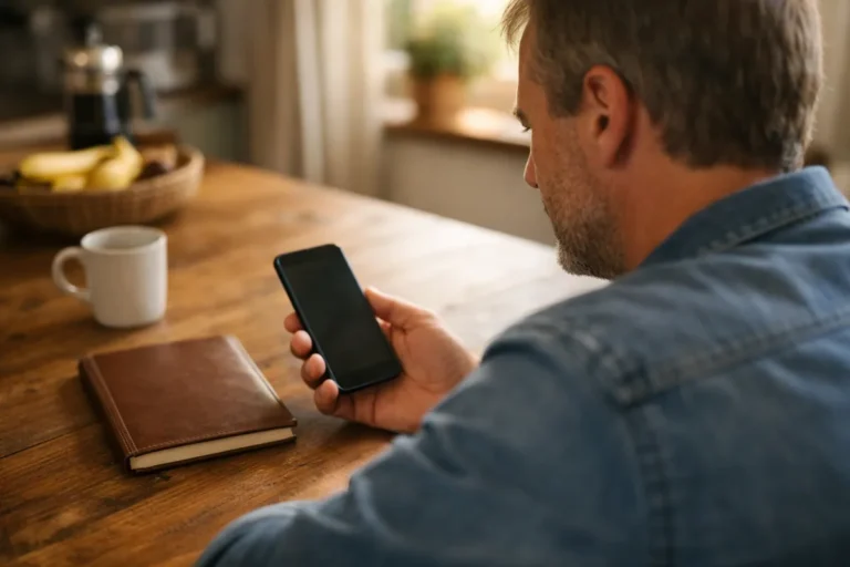Person an einem hölzernen Küchentisch, die ein Smartphone verwendet