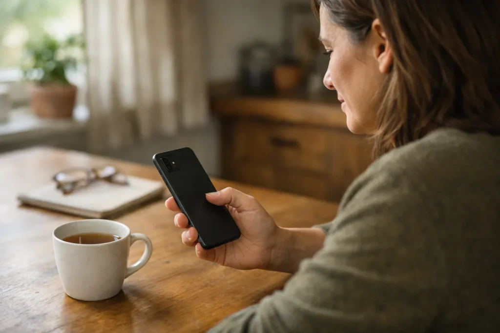 Person betrachtet zu Hause ein Smartphone, um einen angehefteten Facebook Beitrag zu verwalten.
