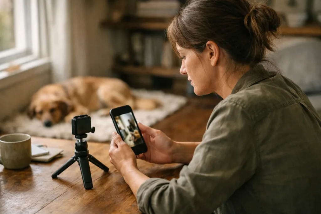 Person betrachtet an einem Tisch neben dem Fenster ein aufgenommenes Video auf einem Smartphone.
