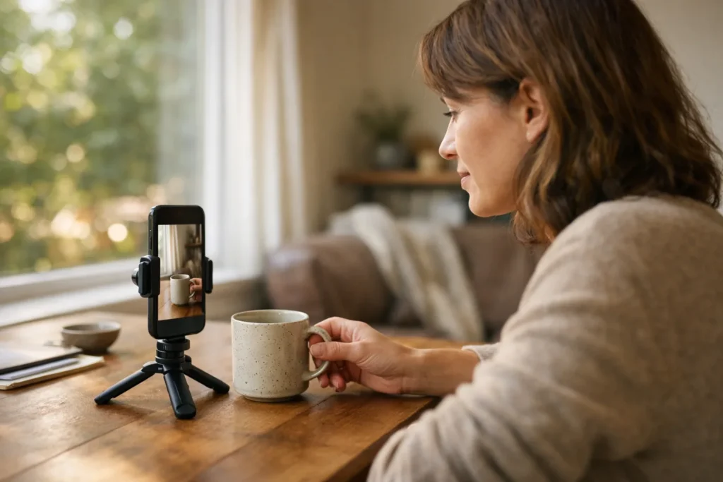 Person filmt bei Tageslicht eine Tasse auf einem Tisch mit einem Smartphone auf einem Stativ.