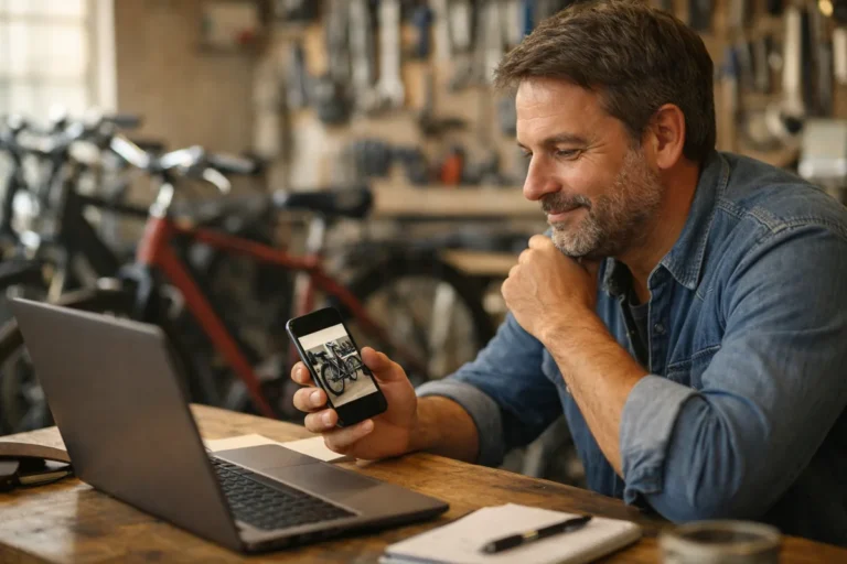 Unternehmer in einer Fahrradwerkstatt bereitet auf einem Laptop einen Beitrag für die Facebook Unternehmensseite vor.