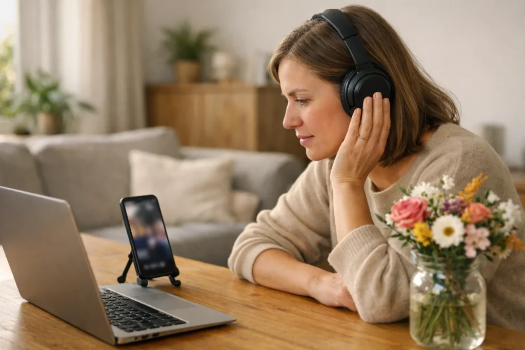 Person hört an einem Holztisch mit Kopfhörern Musik für ein TikTok Video.