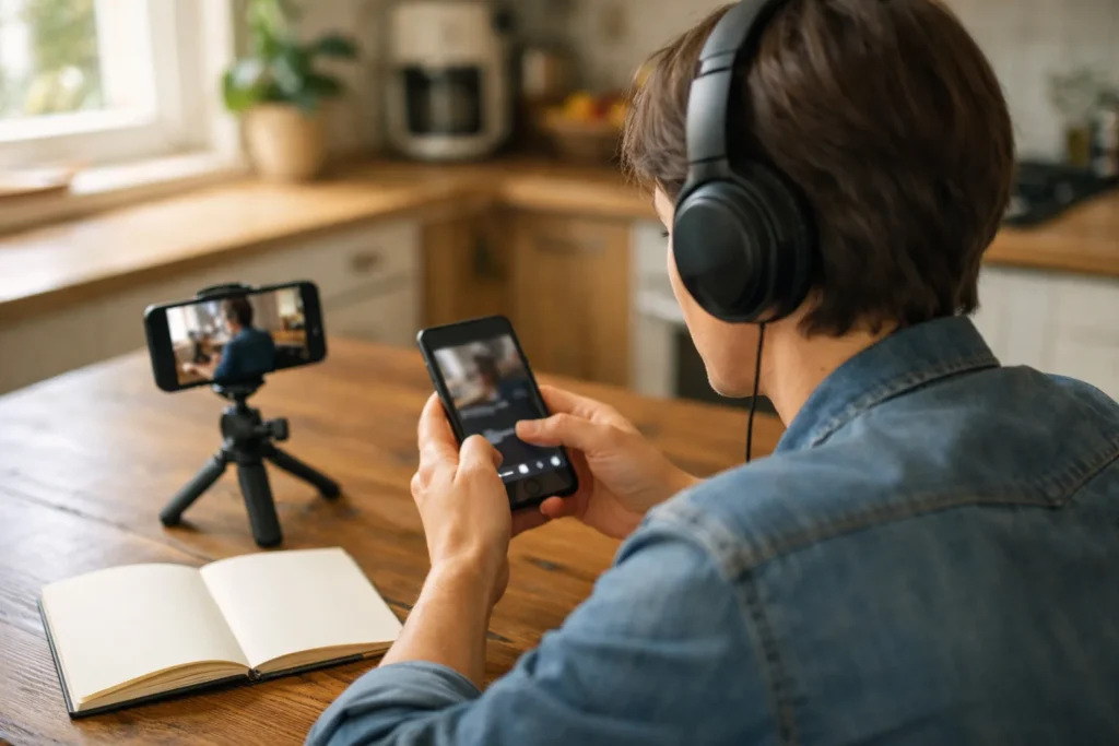 Jemand wählt mit Kopfhörern und einem Smartphone Musik für ein TikTok Video aus.