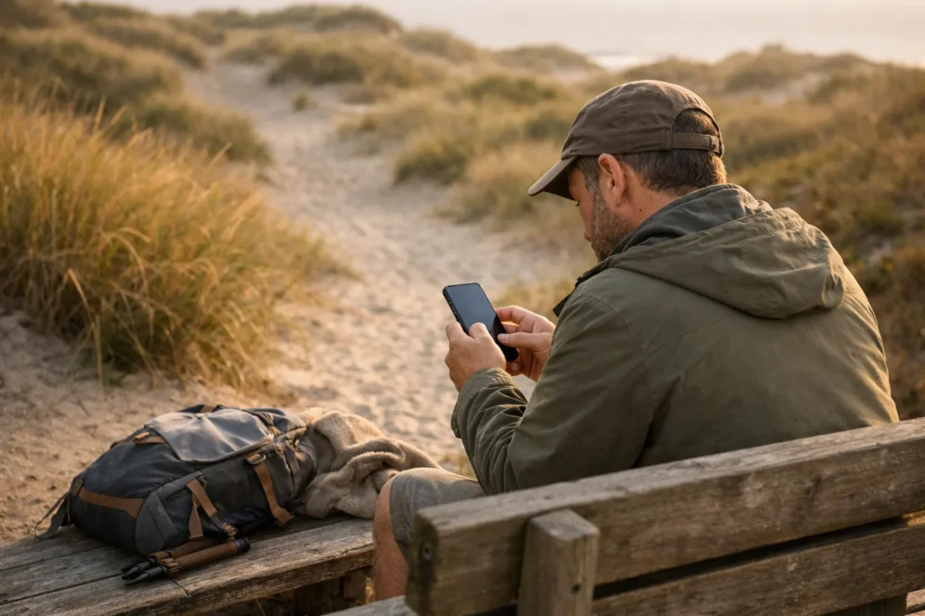 Wanderer tippt auf einer Bank an den Dünen auf einem Smartphone.