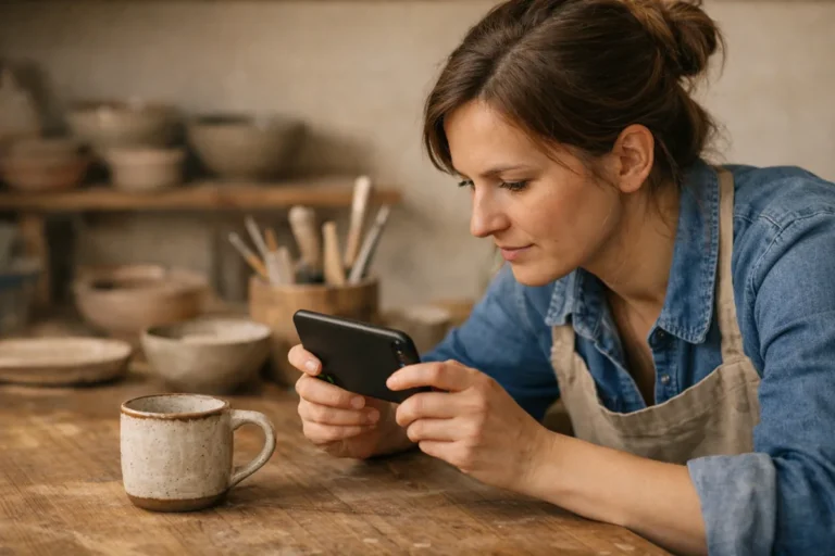 Eine selbstständige Person fotografiert eine handgefertigte Tasse für das Instagramkonto eines Keramikateliers.