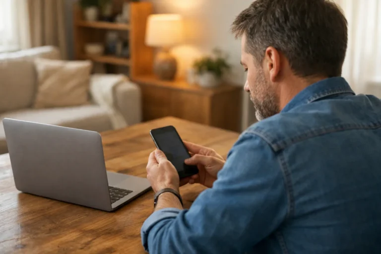 Person, die zu Hause an einem Holztisch ein Smartphone betrachtet, daneben ein Laptop.