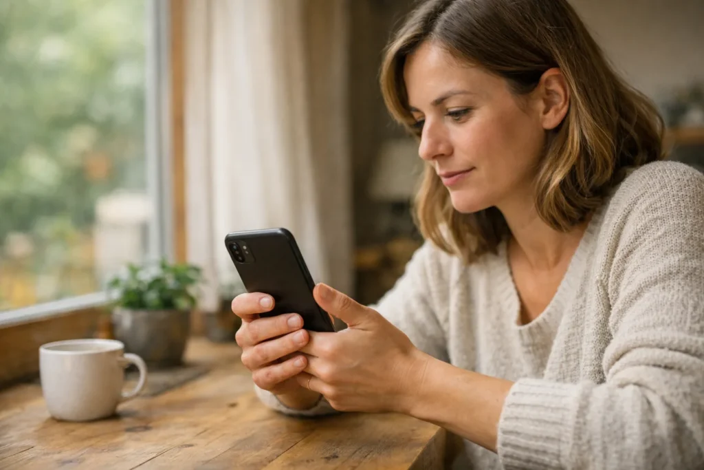Person betrachtet zu Hause ein Smartphone, um ein Profilbild zu prüfen.