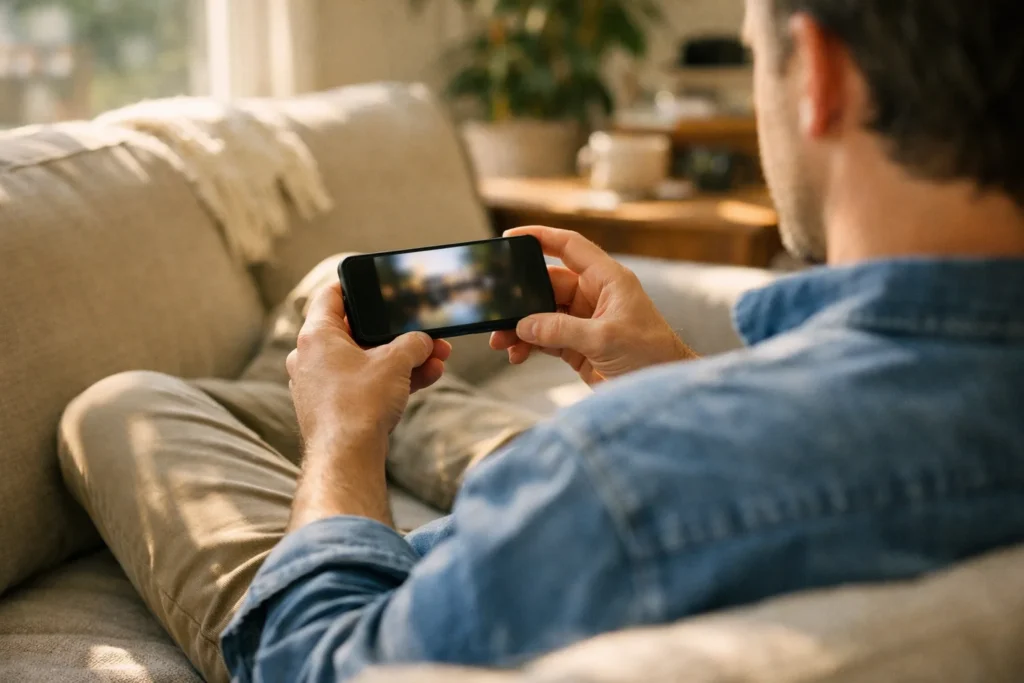 Person, die sich am Küchentisch ein Video auf einem Smartphone ansieht