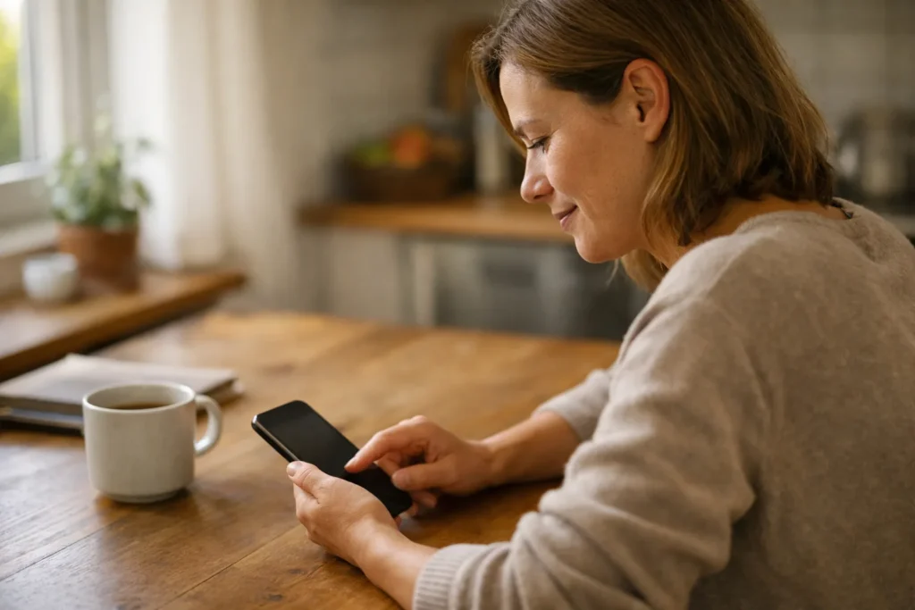 Person prüft am Küchentisch ein Smartphone, bevor sie ein Profil ansieht.