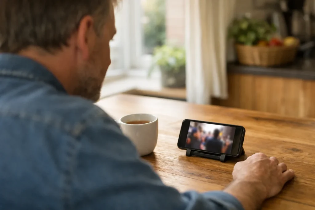 Jemand sieht sich am Küchentisch ein Livevideo auf einem Smartphone in einem Ständer an.