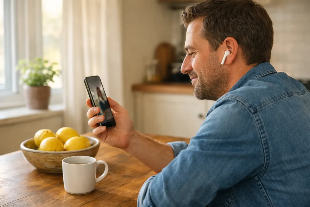 Person sieht sich mit einem Ohrhörer am Küchentisch ein Video auf einem Smartphone an.
