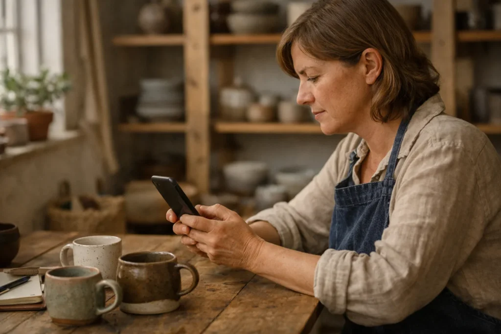 Ladenbesitzerin oder Ladenbesitzer schreibt an einem Arbeitstisch mit Keramikbechern eine Instagram Bildunterschrift auf einem Smartphone.