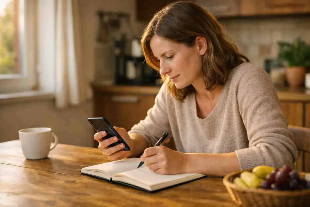 Person betrachtet ein Smartphone und macht am Küchentisch Notizen, um die eigenen Stories zu vergleichen.