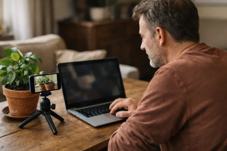 Person betrachtet nach einem Livestream über das Umtopfen einer Zimmerpflanze einen Laptop.