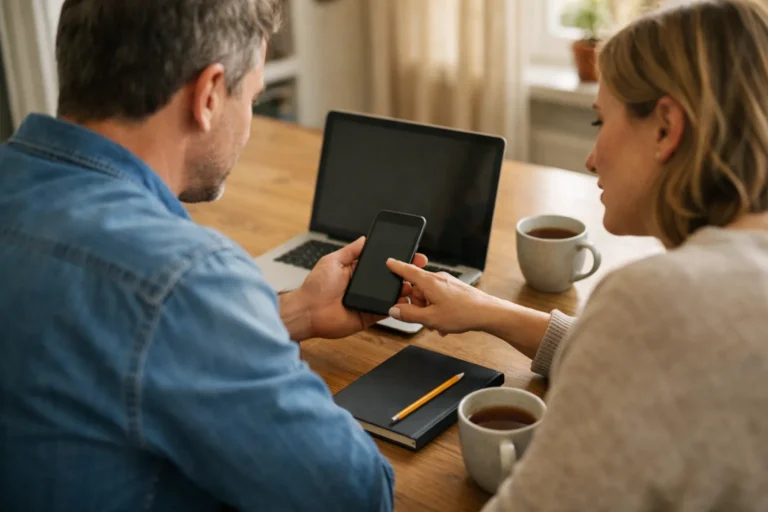 Zwei Menschen betrachten gemeinsam ein Smartphone und einen Laptop, um ihre Social Media Beiträge zu planen.