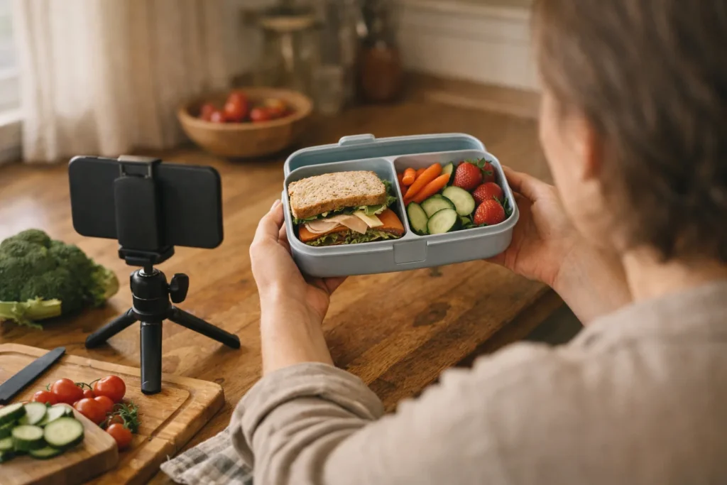 Person filmt in der Küche eine gefüllte Lunchbox mit einem Telefon auf einem kleinen Stativ.