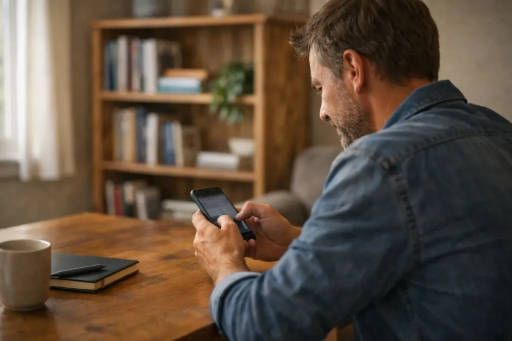 Person tippt zu Hause eine Antwort auf einem Smartphone, im Hintergrund ein selbstgebautes Bücherregal.