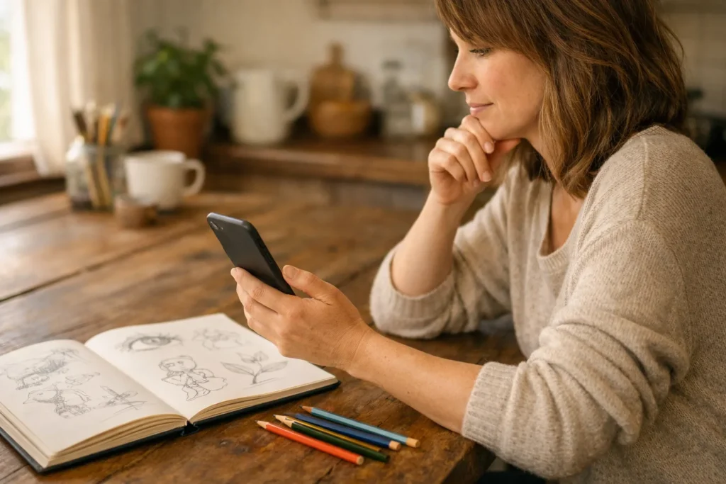 Person mit einem Smartphone am Küchentisch neben einem Skizzenbuch und Buntstiften.