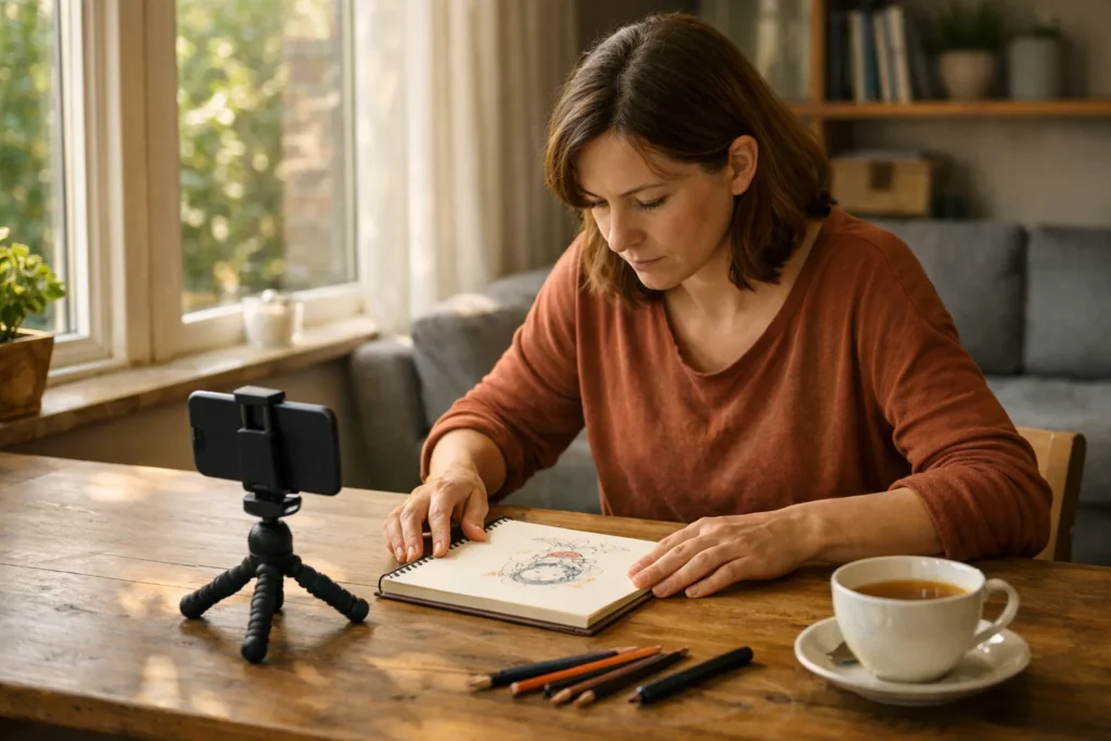 Eine kreative Person filmt an einem Holztisch mit einem Smartphone eine eigene Illustration.