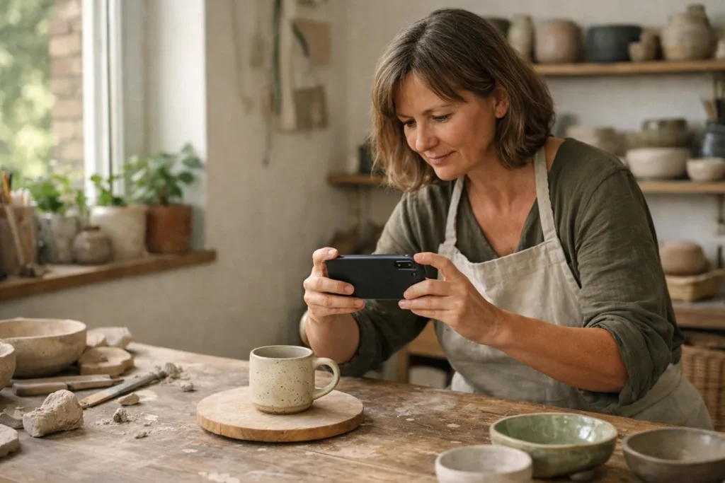 Keramikerin oder Keramiker fotografiert einen selbst hergestellten Becher mit einem Smartphone in einer hellen Werkstatt.